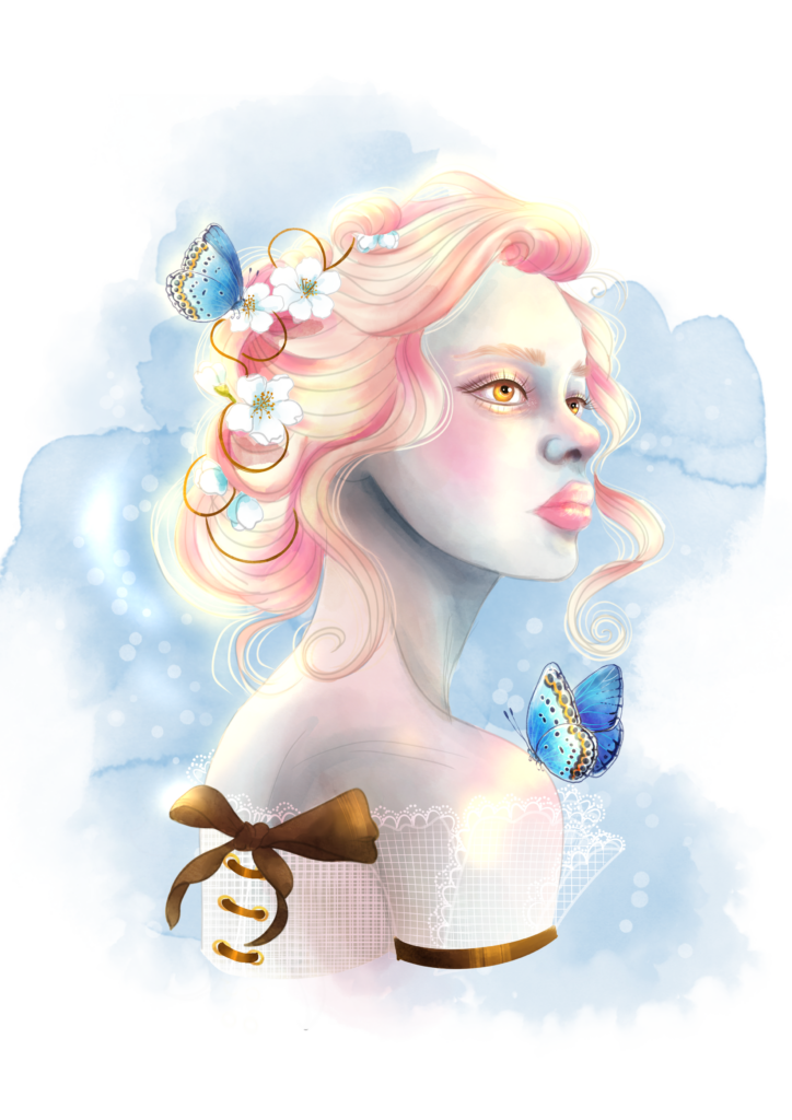 Portrait de fée entourés de papillons bleus