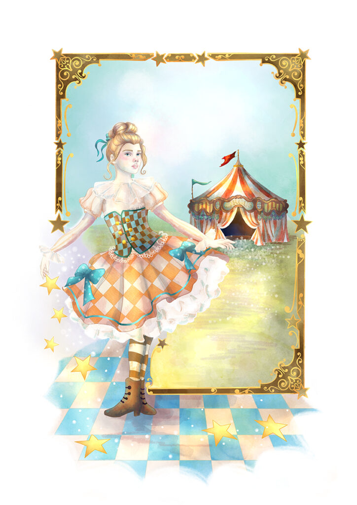 personnage de cirque avec chapiteau style victorien